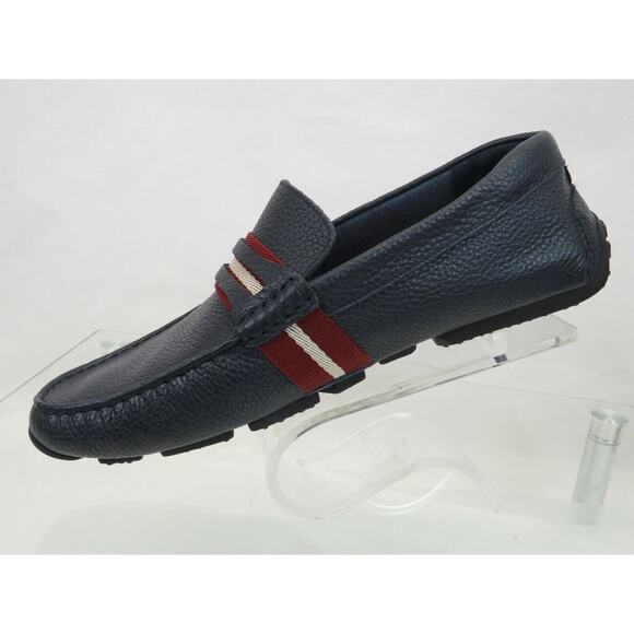 BALLY PIETRO NAVY BLUE GRAINED LEATHER WEB LOGO PENNY LOAFERS 10 D US 43 ITALY main image 9
